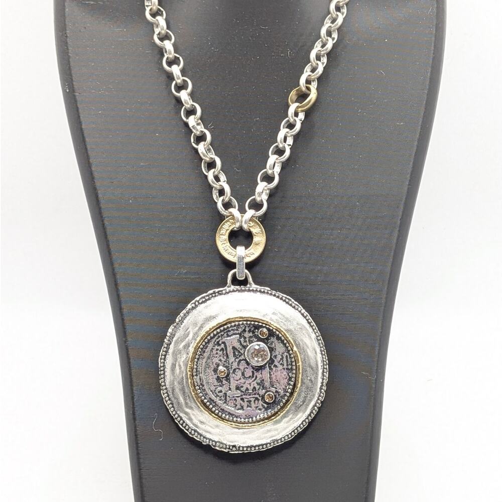 CHICO'S Mixed Metal Medallion Necklace Rhinestone Pendant Rolo Chain 18 Inch